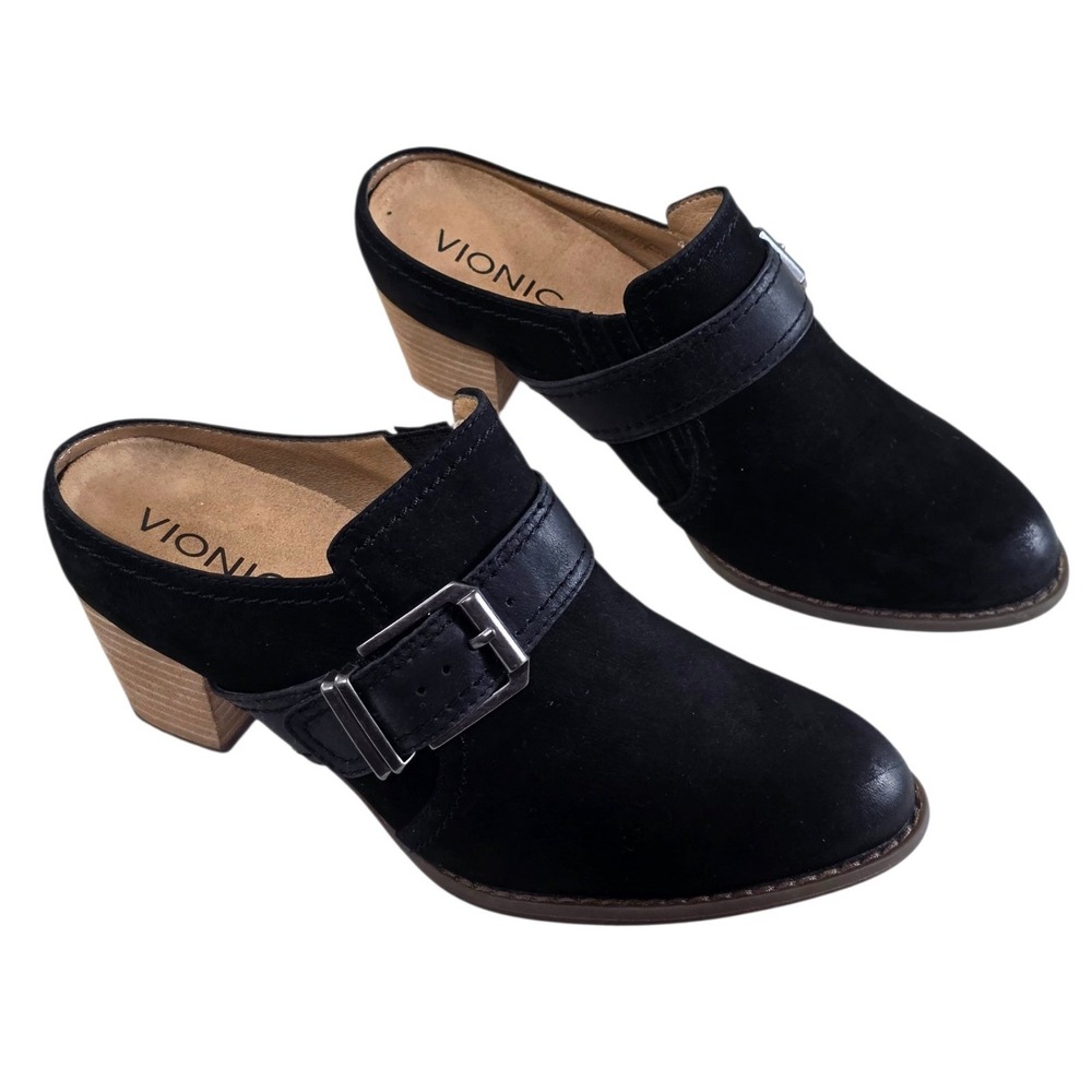 Vionic Cheyenne Black Suede Buckle Heeled Mules Shoes 6 371CHEYENNE/TVW4981